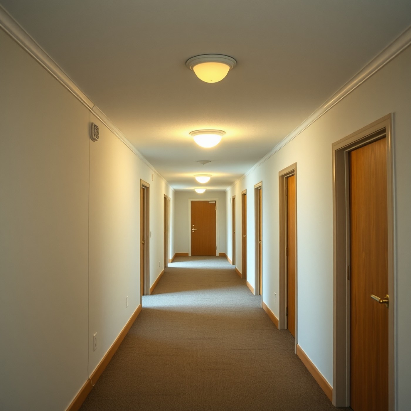 Freshly painted apartment corridor with new light fixtures, placeholder photo